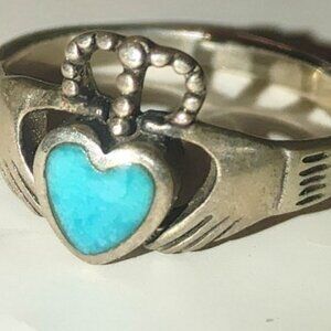 Claddagh Ring Sterling Silver Turquoise Color Heart Centerpiece Crown Design